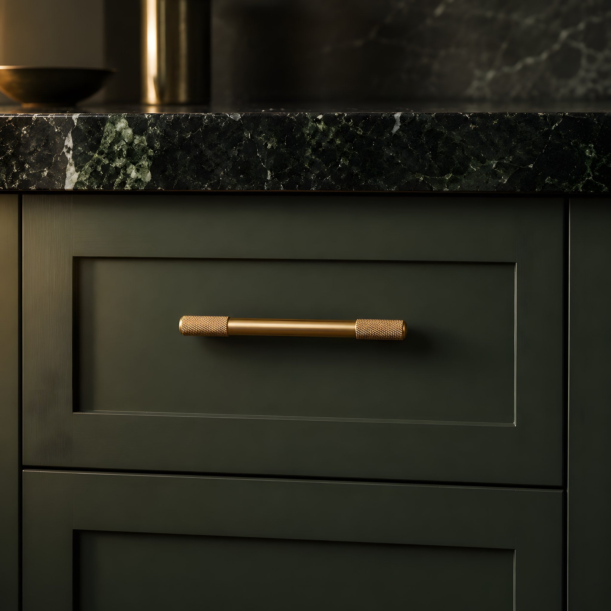 knurled bar pull brushed brass kitchen scene