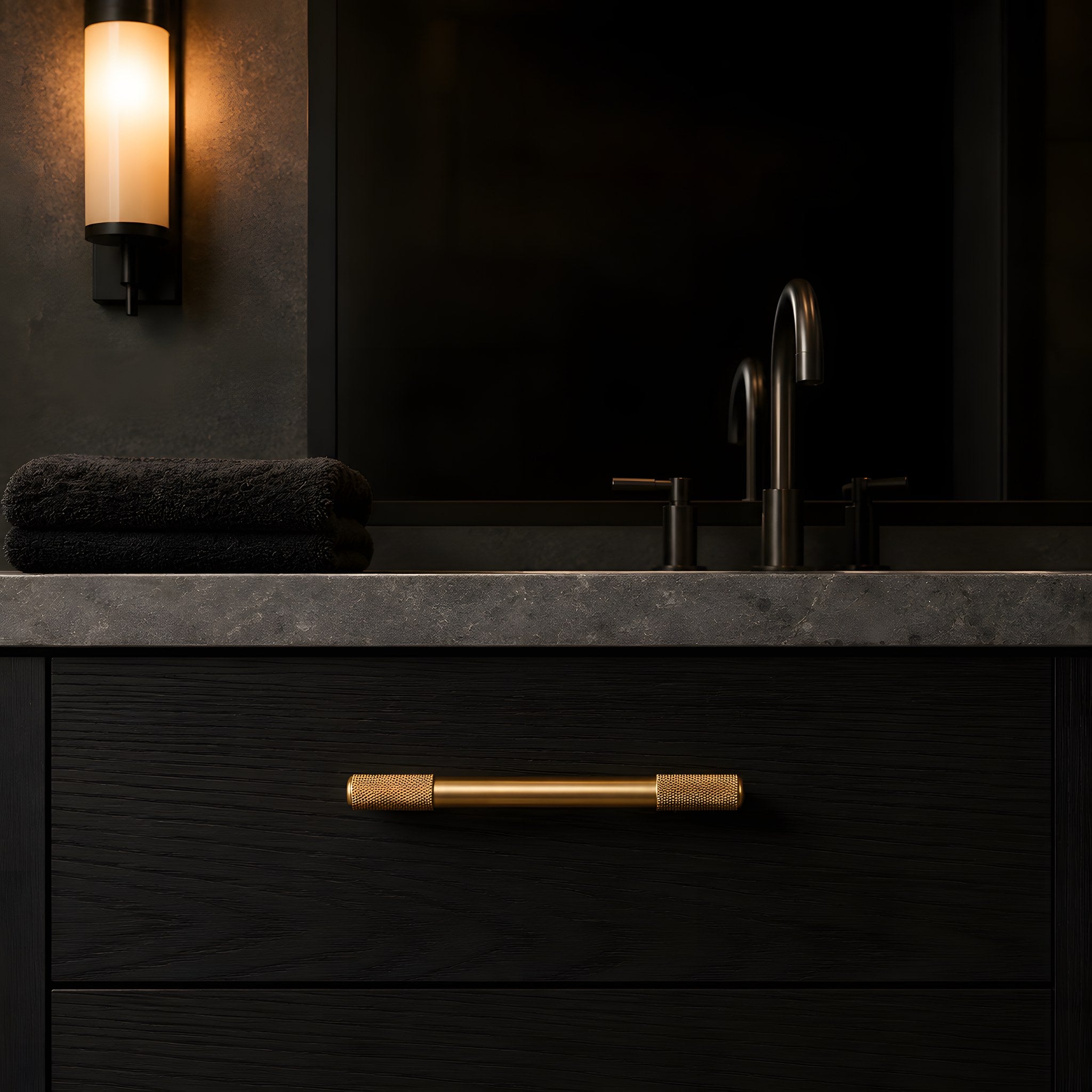 knurled bar pull brushed brass bathroom scene