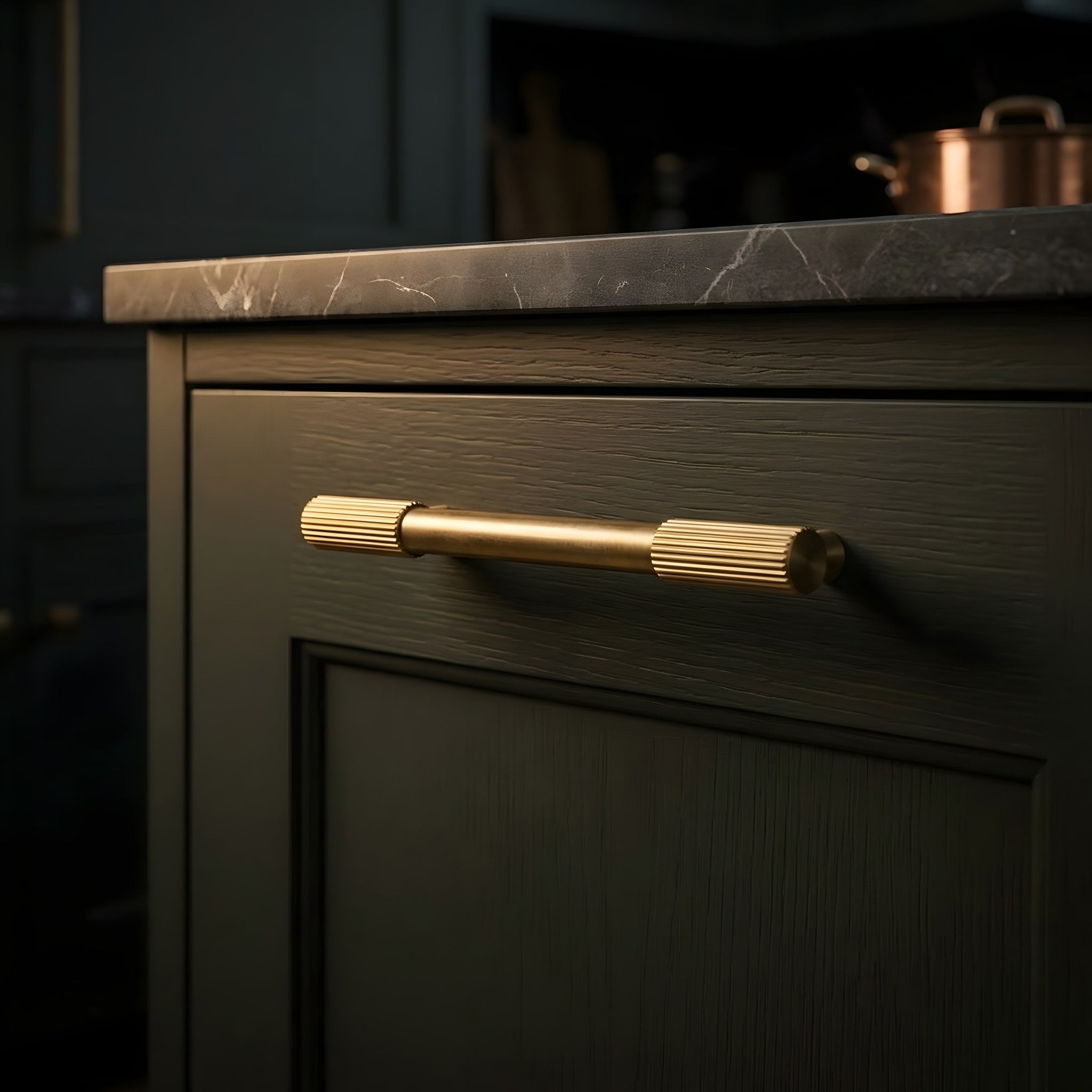 vertical line pull brushed brass scene kitchen