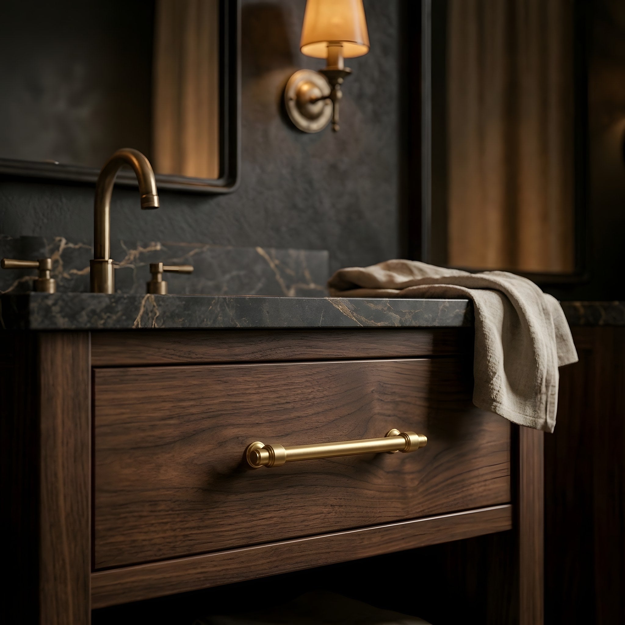 french pull brushed brass scene bathroom