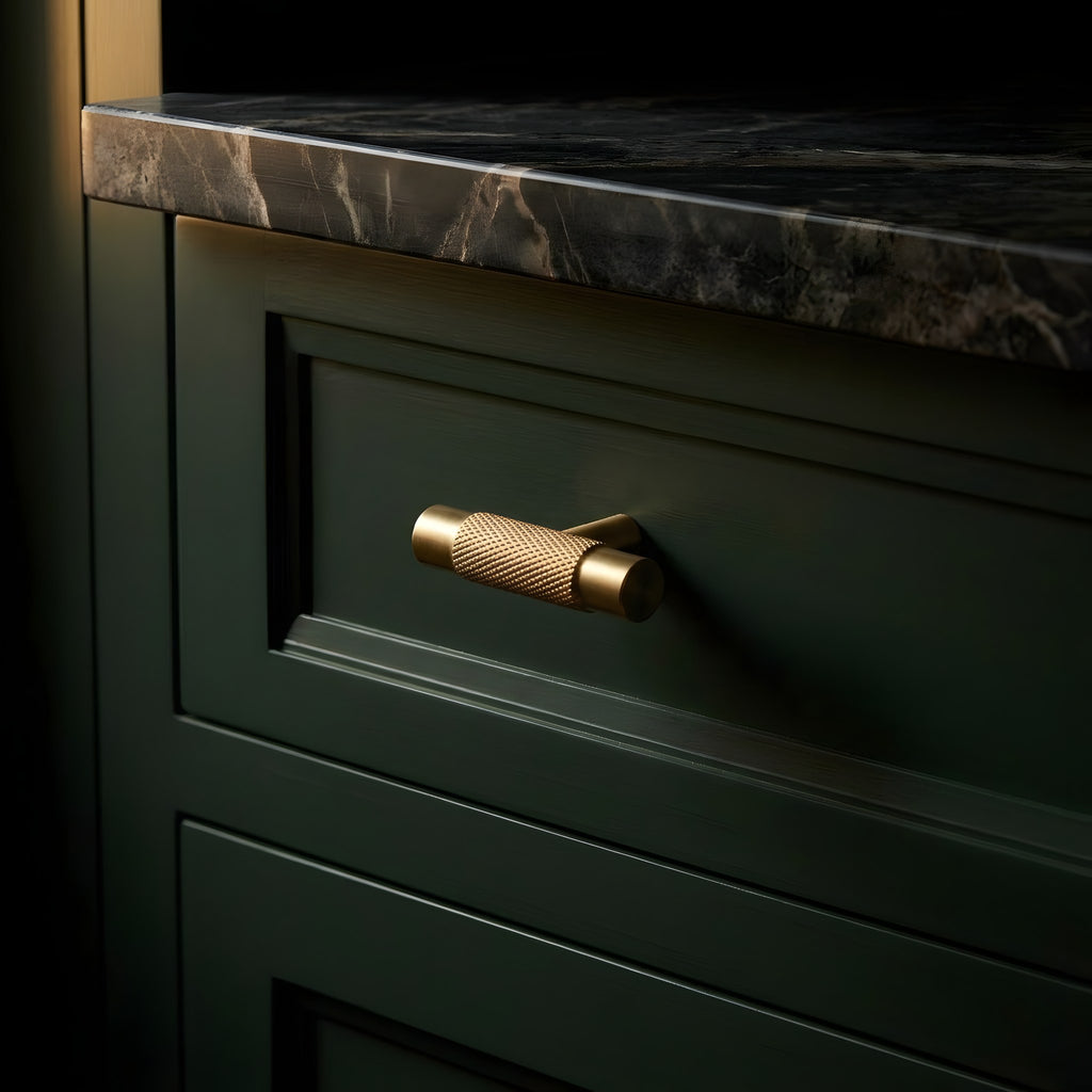 knurled t bar brushed brass kitchen scene