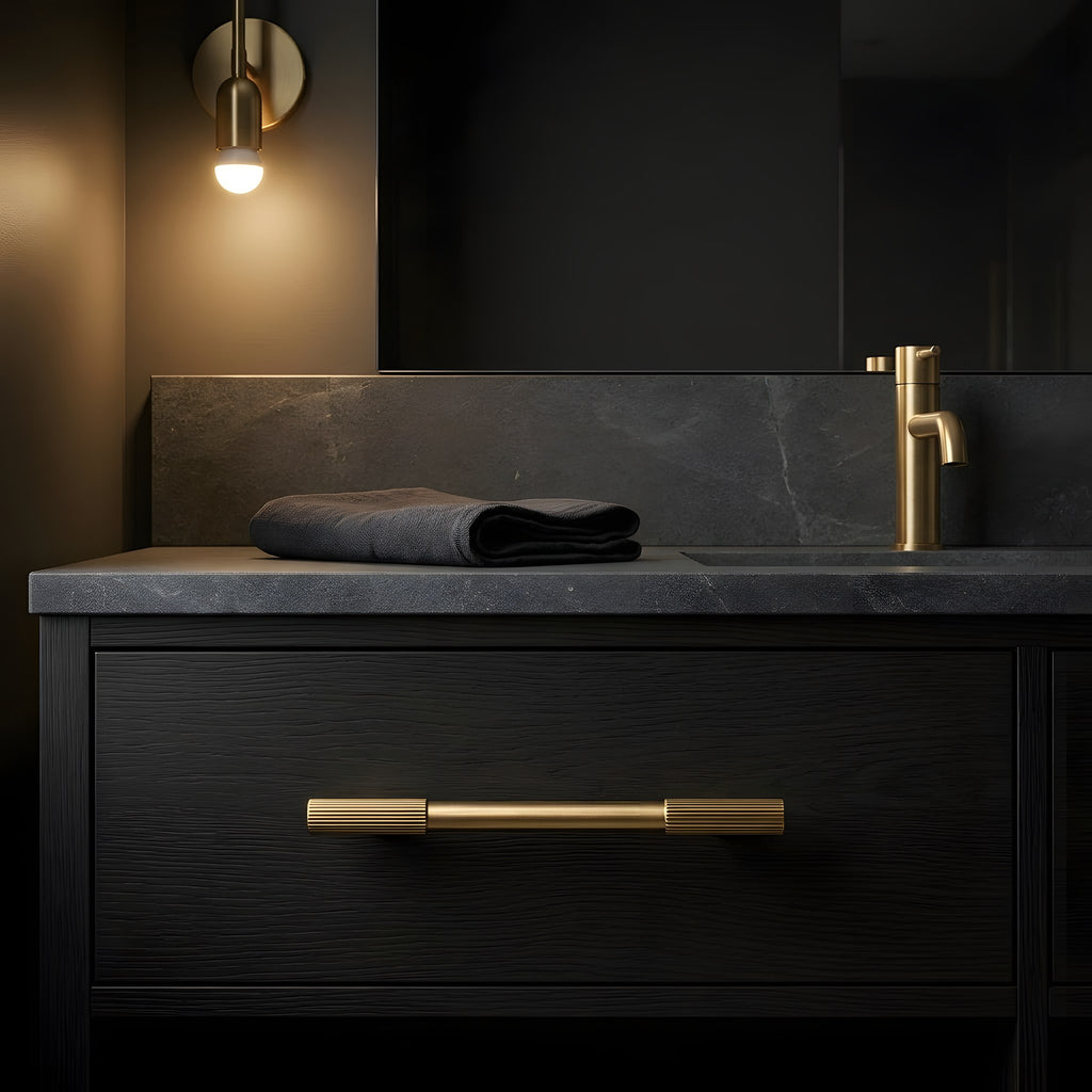 vertical line pull brushed brass bathroom scene